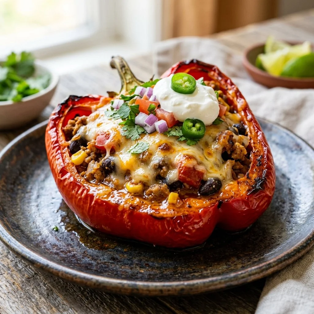 Turkey Taco Stuffed Peppers filled with ground turkey, spices, and cheese.