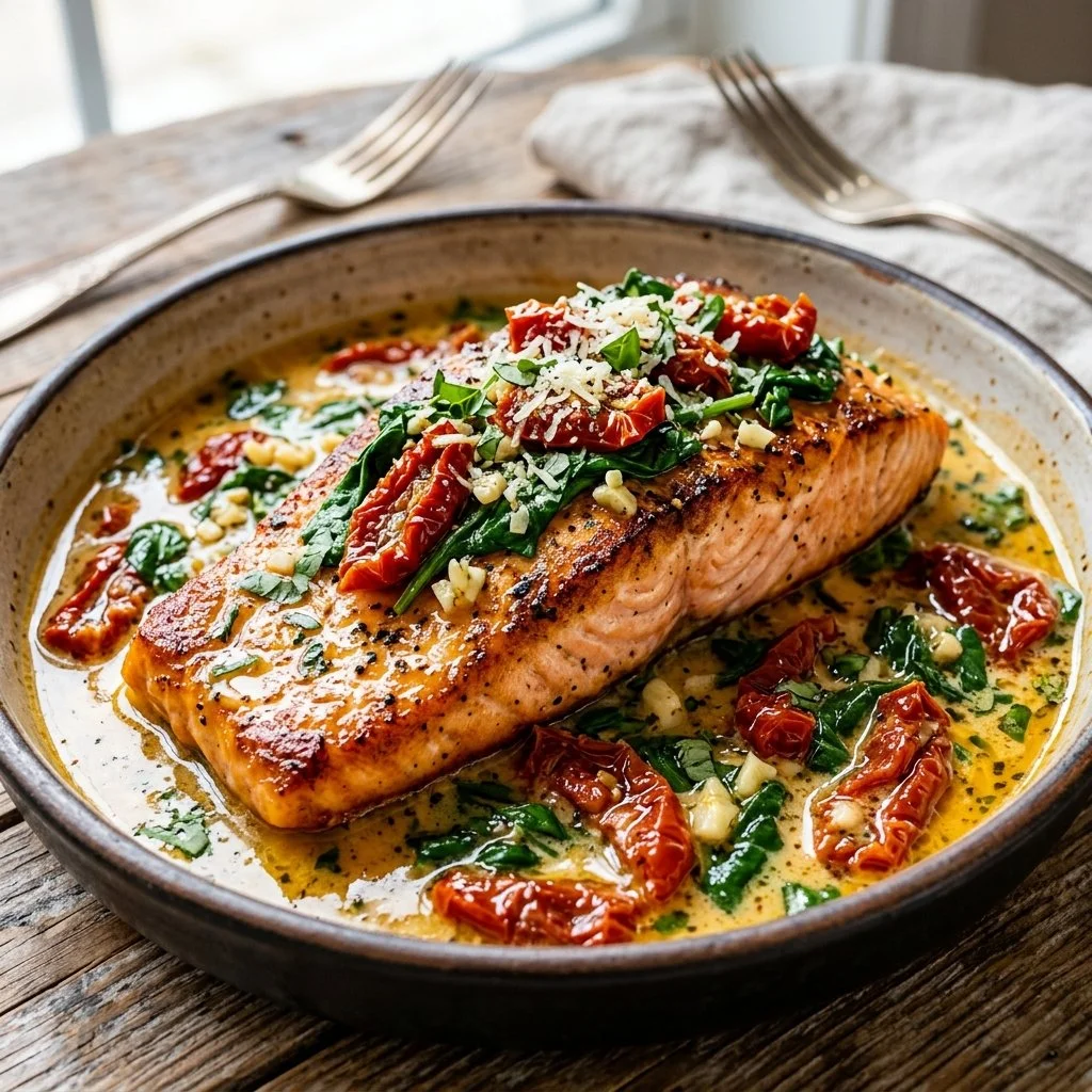Delicious Tuscan Butter Salmon served with fresh herbs and vegetables.