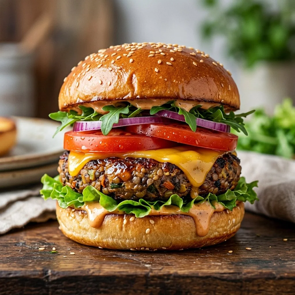A plate of mouth-watering homemade veggie burgers with fresh vegetables