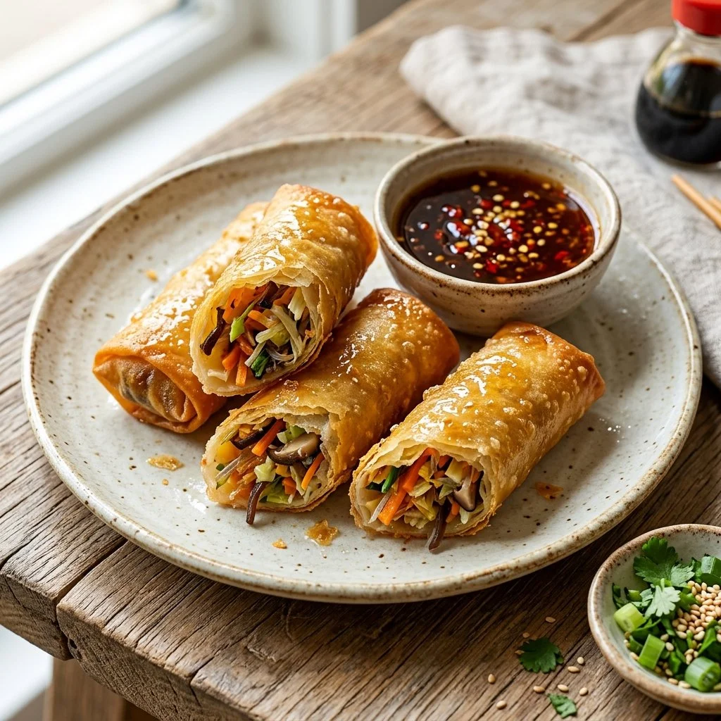 Delicious Veggie Spring Rolls filled with colorful vegetables served on a plate