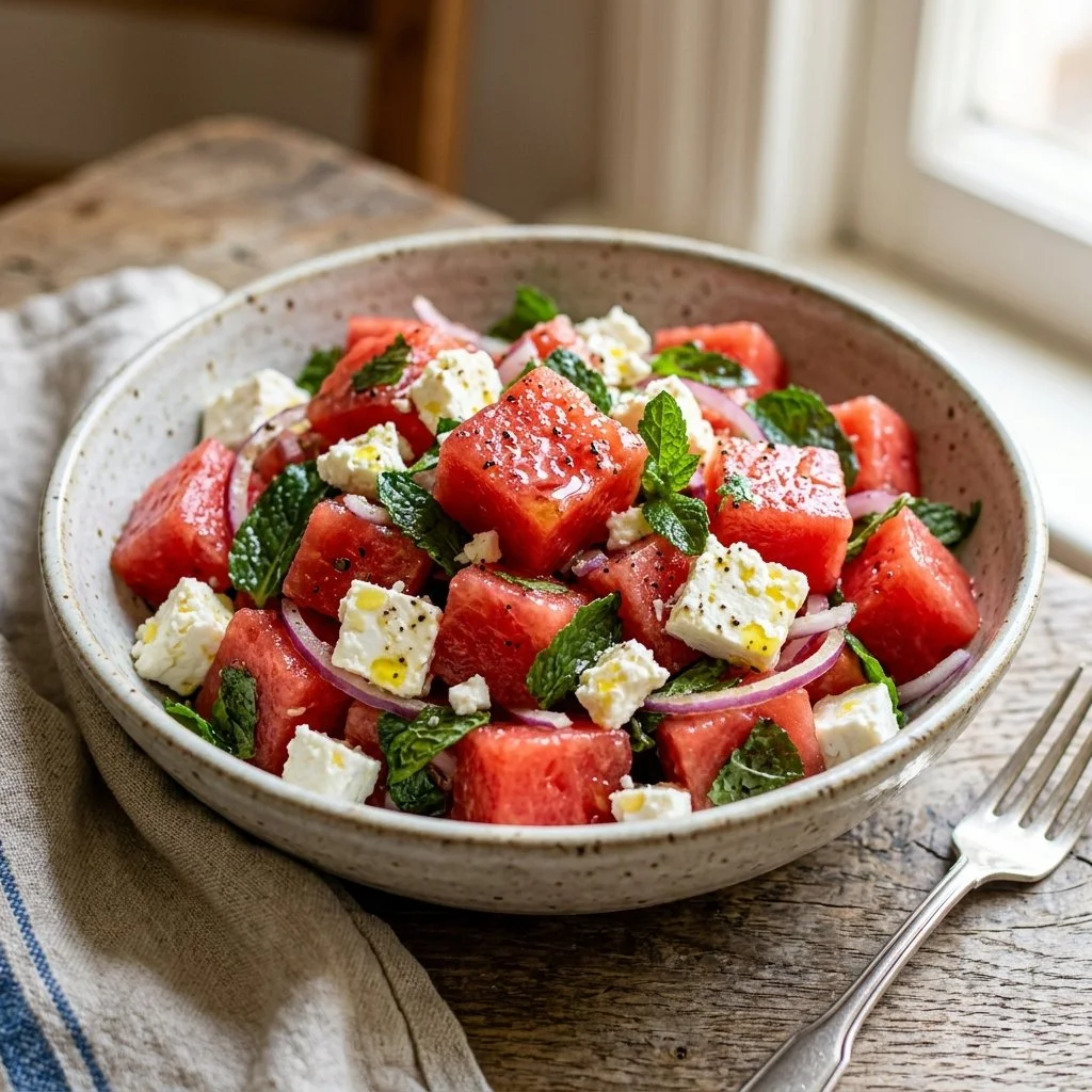 A colorful watermelon feta salad with mint, cucumbers, and a drizzle of balsamic dressing.