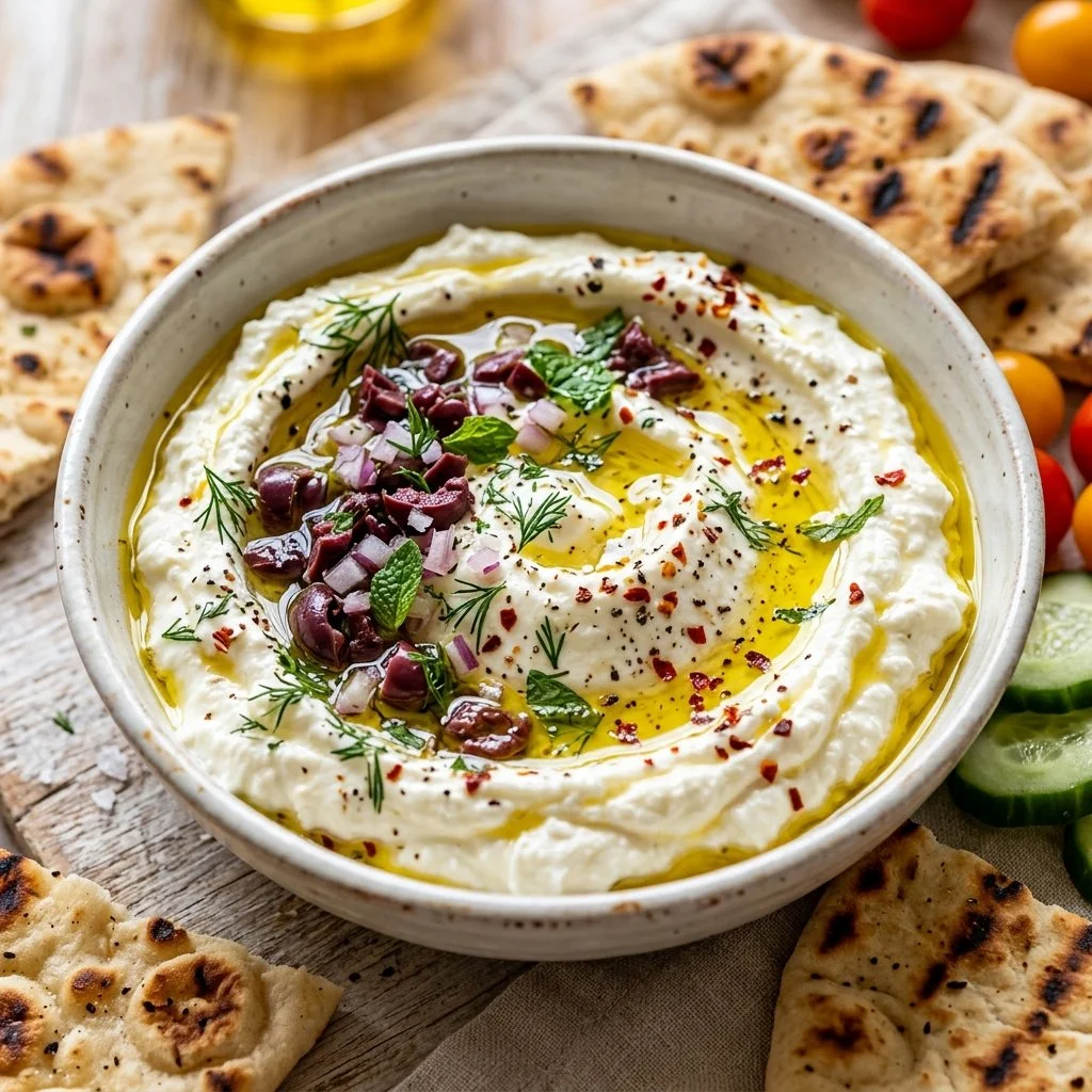 Creamy whipped feta dip served with fresh vegetables and pita bread.