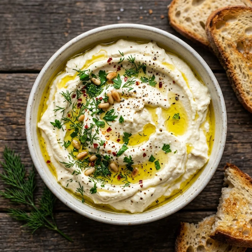 Creamy whipped feta dip served in a bowl with fresh herbs and pita bread