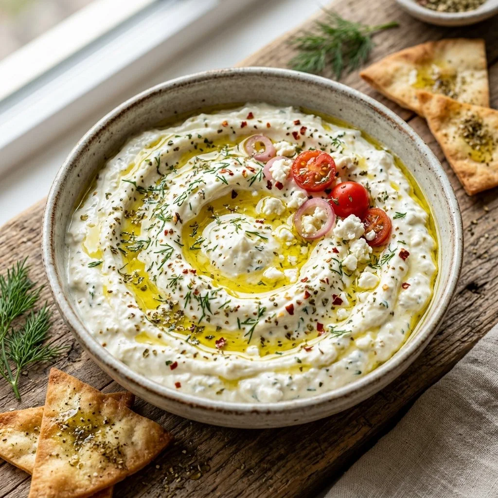 Delicious whipped feta dip served in a bowl with fresh herbs and pita bread