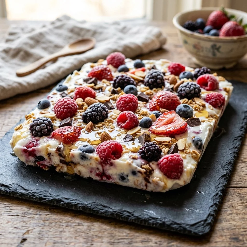 Delicious homemade yogurt bark topped with fresh fruits and nuts