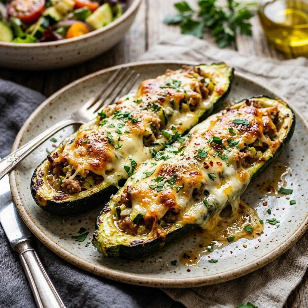 Stuffed zucchini boats with vegetables and cheese baked until golden.