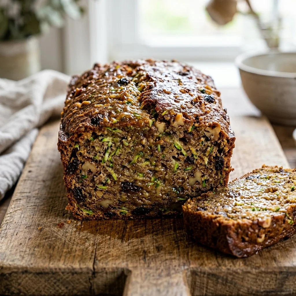 Freshly baked zucchini bread with walnuts and spices on a wooden table