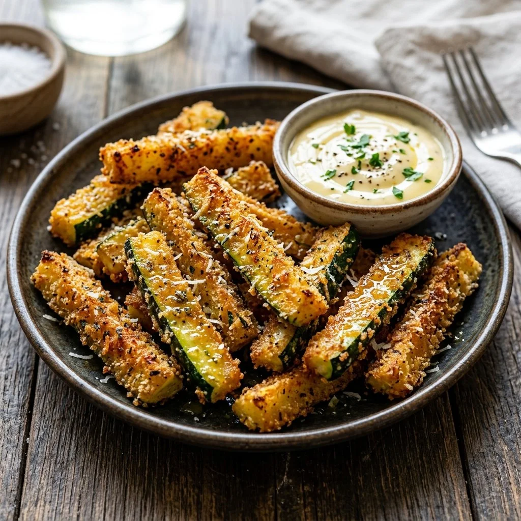 Crispy zucchini fries served with a dipping sauce on a plate