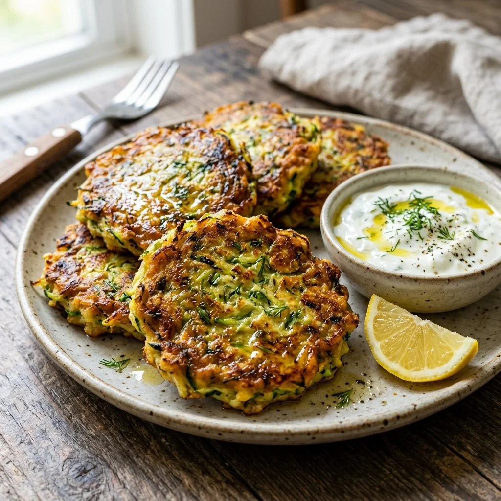Crispy zucchini fritters served on a plate with a dipping sauce