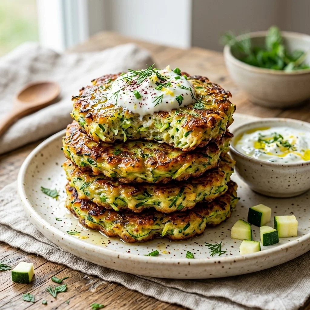 Crispy zucchini fritters served with dipping sauce