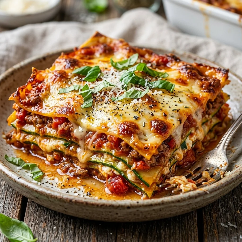 An appetizing plate of Zucchini Lasagna served with fresh basil and cheese.