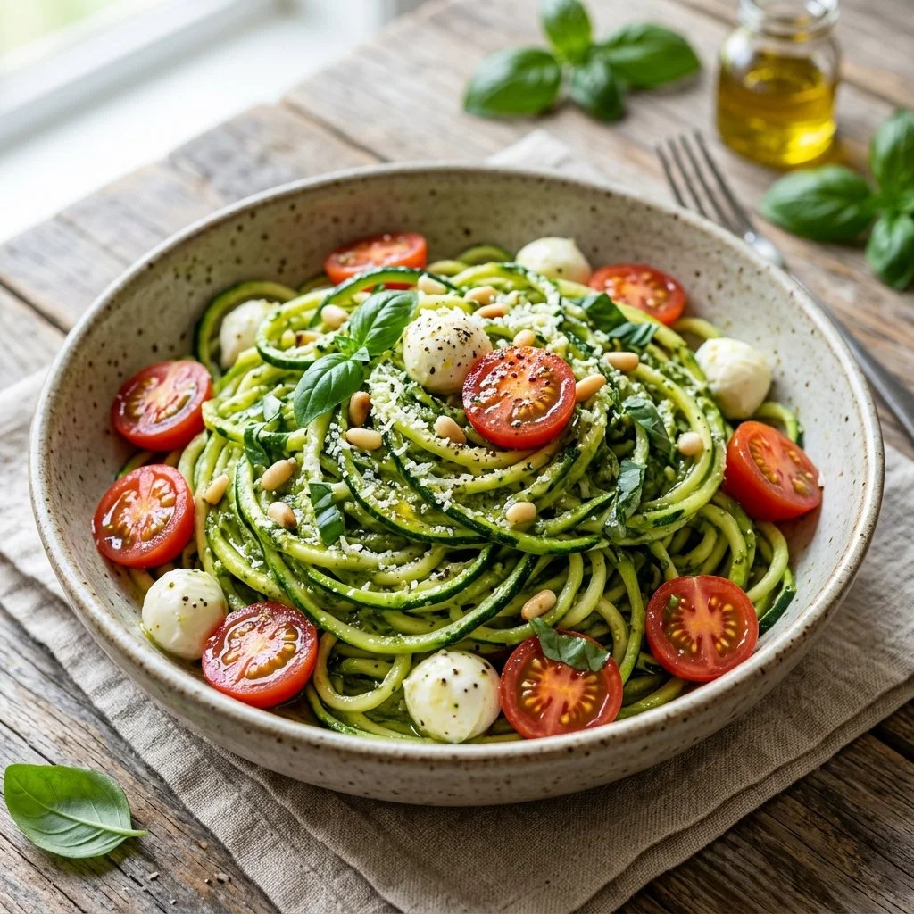 Plate of healthy zucchini noodles topped with fresh vegetables and sauce