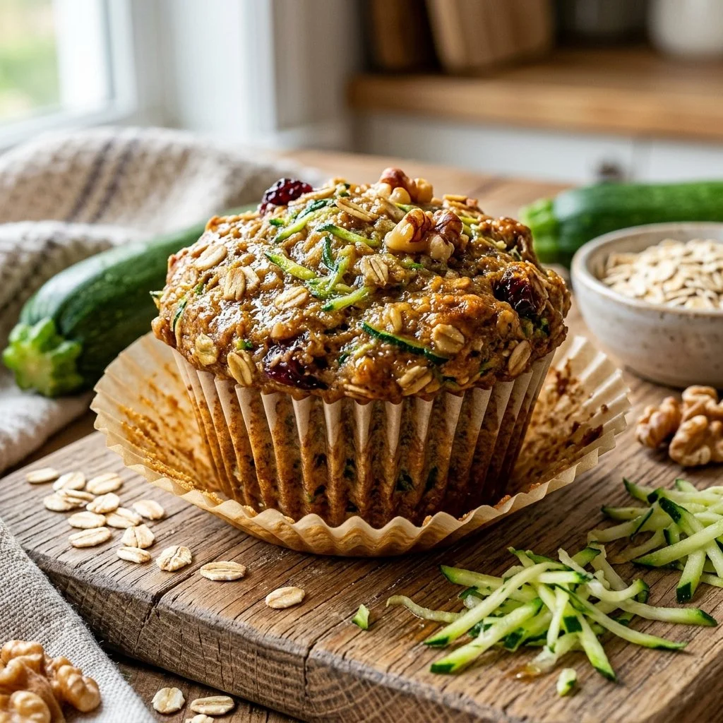 Freshly baked zucchini oat muffins on a cooling rack