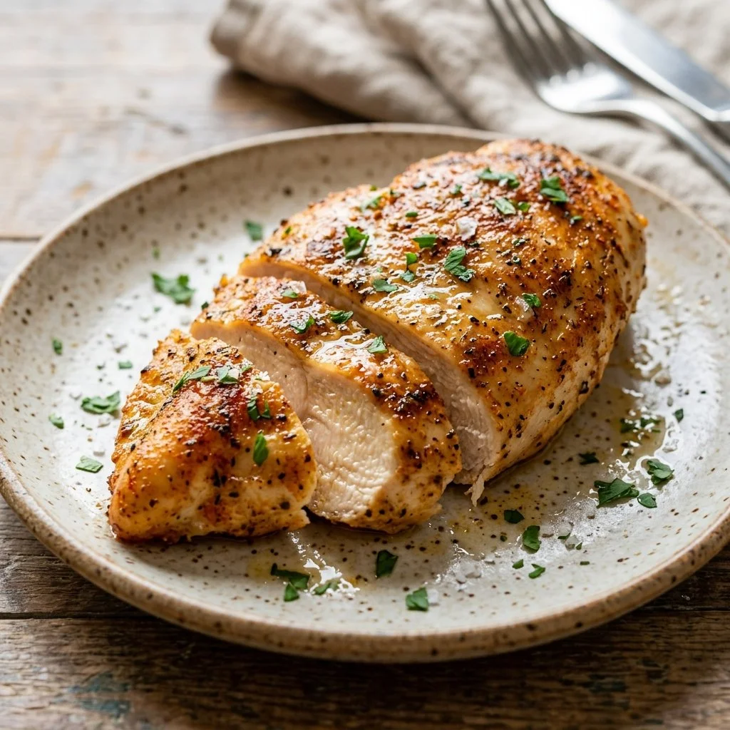 Juicy air fryer chicken breast served on a white plate with herbs