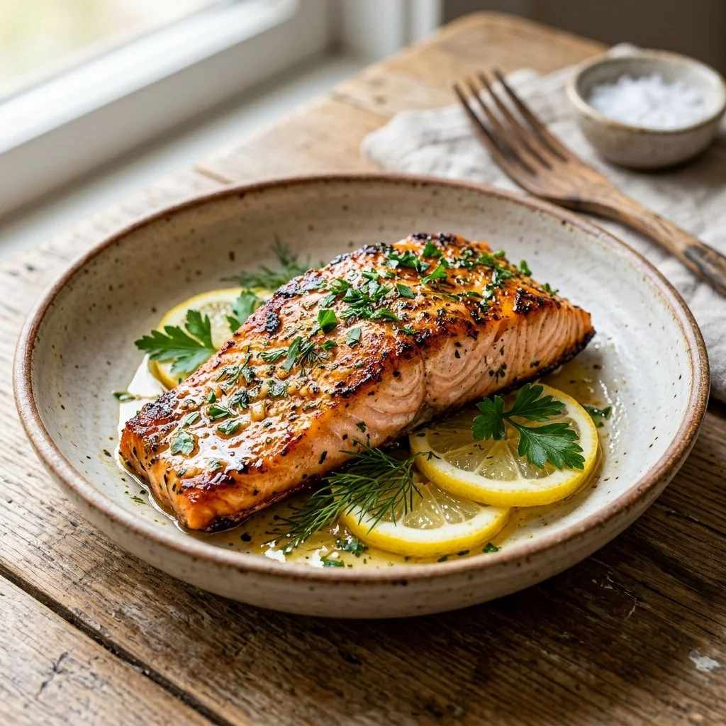 Delicious air fryer salmon served with fresh herbs and lemon slices.