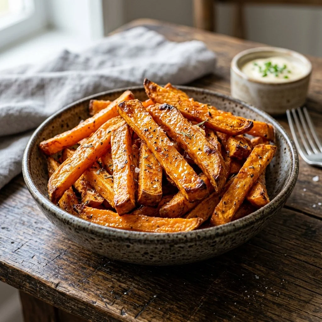 Crispy air fryer sweet potato fries on a white plate