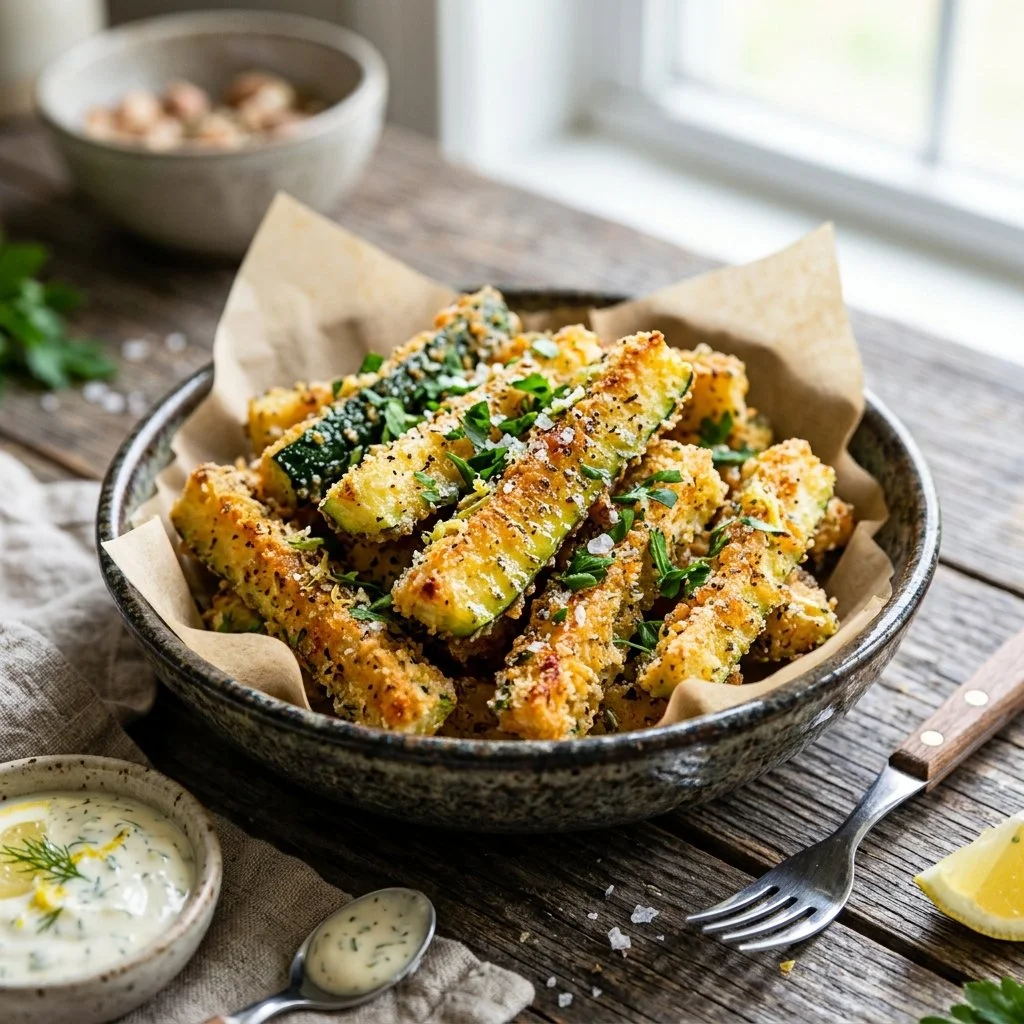 Crispy air fryer zucchini slices ready to serve