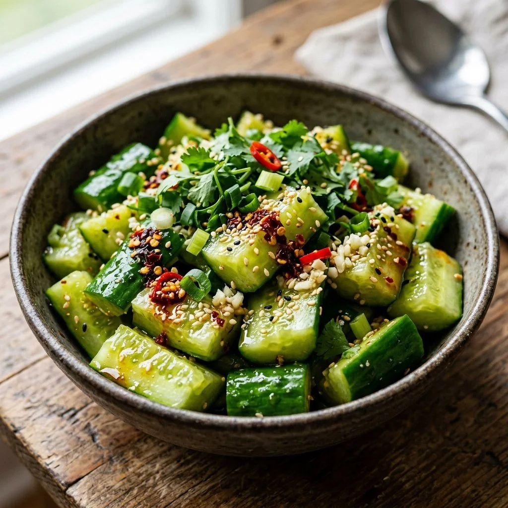Fresh Asian cucumber salad with vibrant vegetables and a zesty dressing.