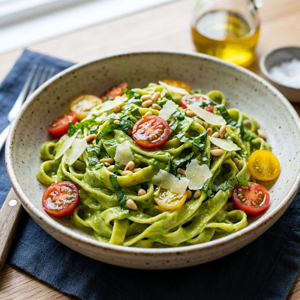 Creamy avocado pasta dish garnished with fresh basil and cherry tomatoes