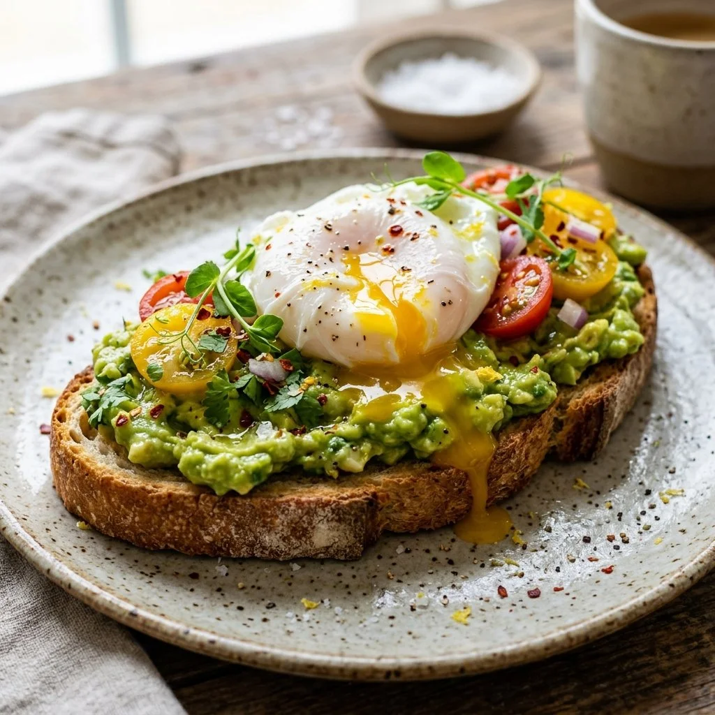 Sliced avocado on toasted bread topped with seasoning, a popular breakfast dish.