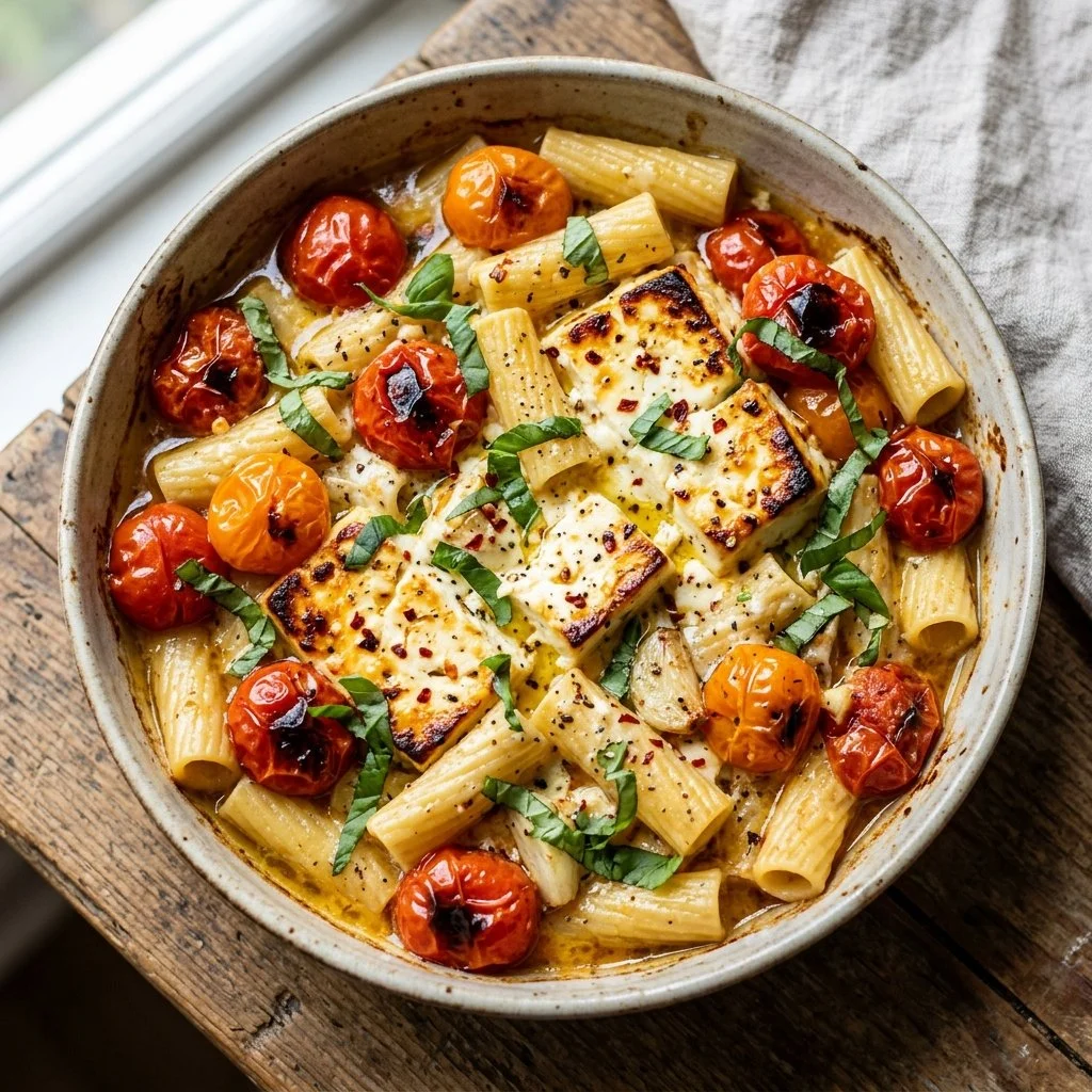 A vibrant plate of baked feta pasta topped with tomatoes and herbs