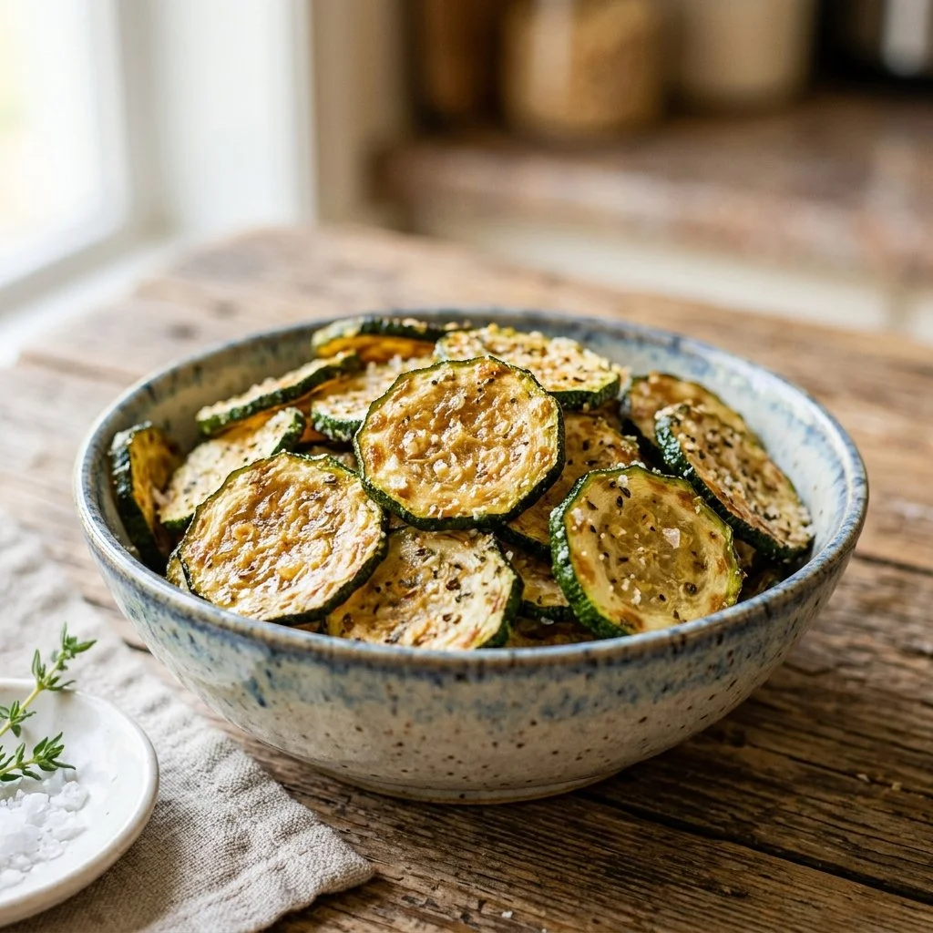 Crispy baked zucchini chips served on a plate for a healthy snack.