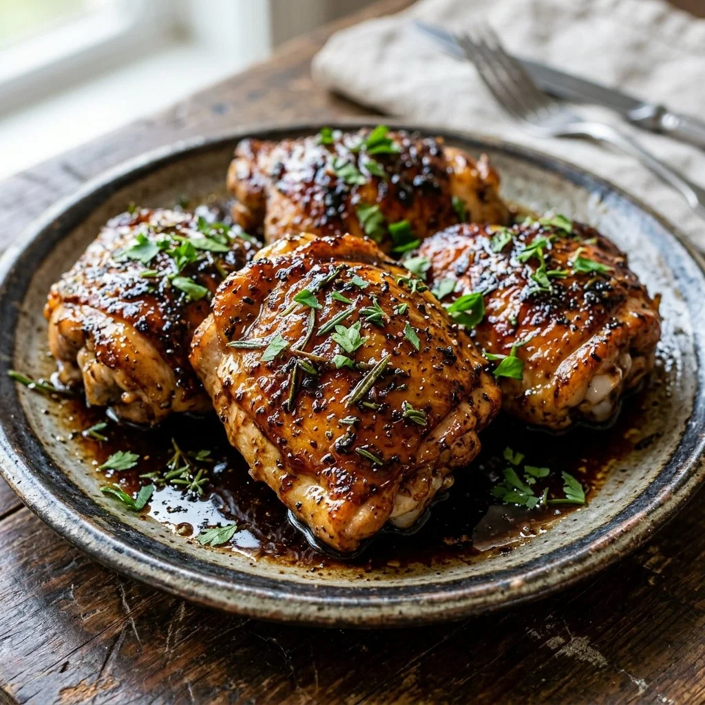 Balsamic glazed chicken on a plate garnished with herbs and vegetables