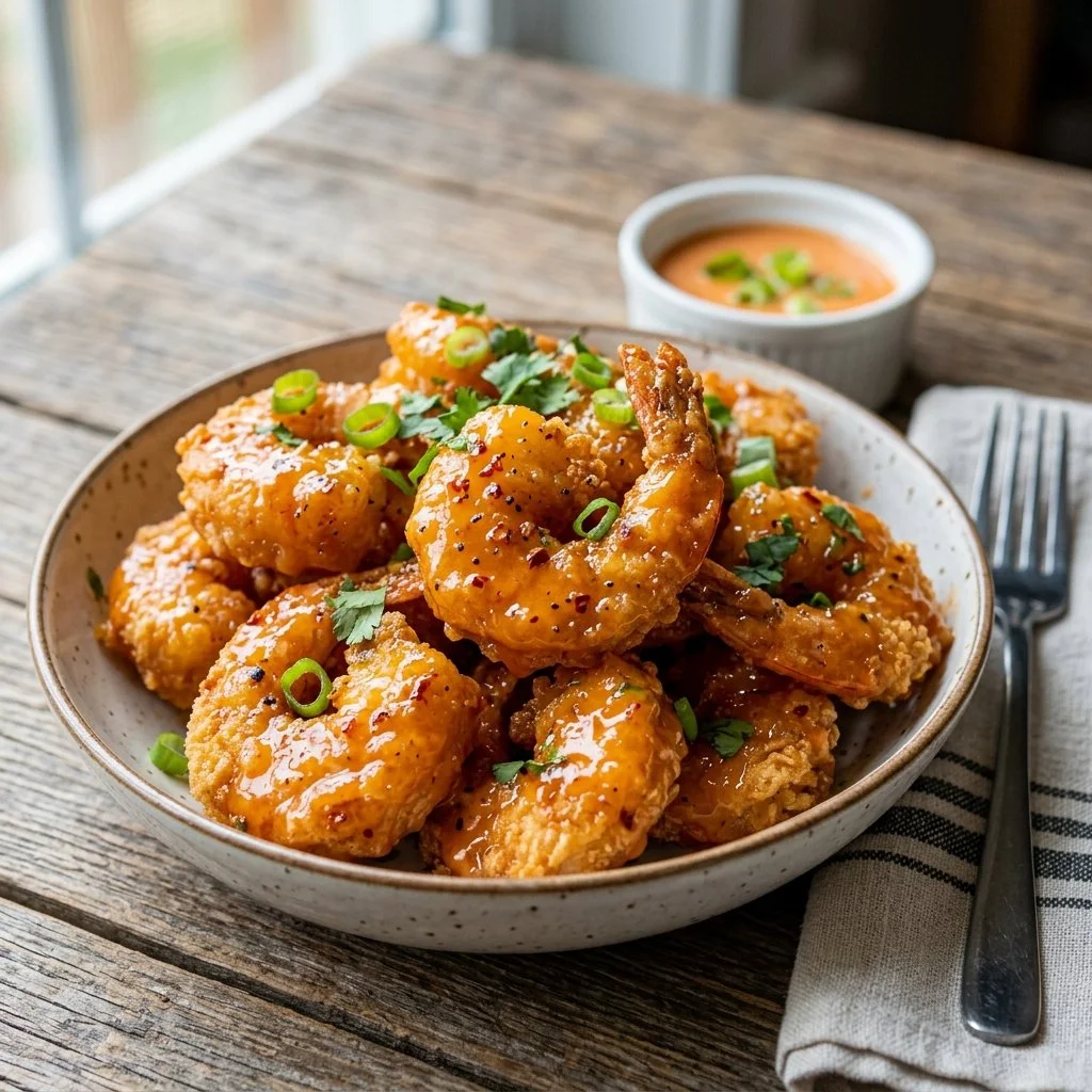 A plate of Bang Bang Shrimp garnished with green onions and served with a spicy dipping sauce.
