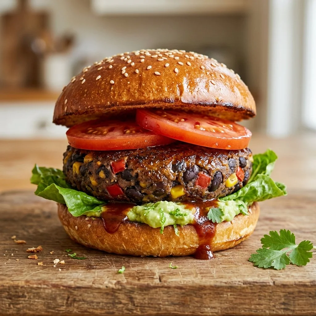 Delicious Black Bean Burger served with fresh toppings