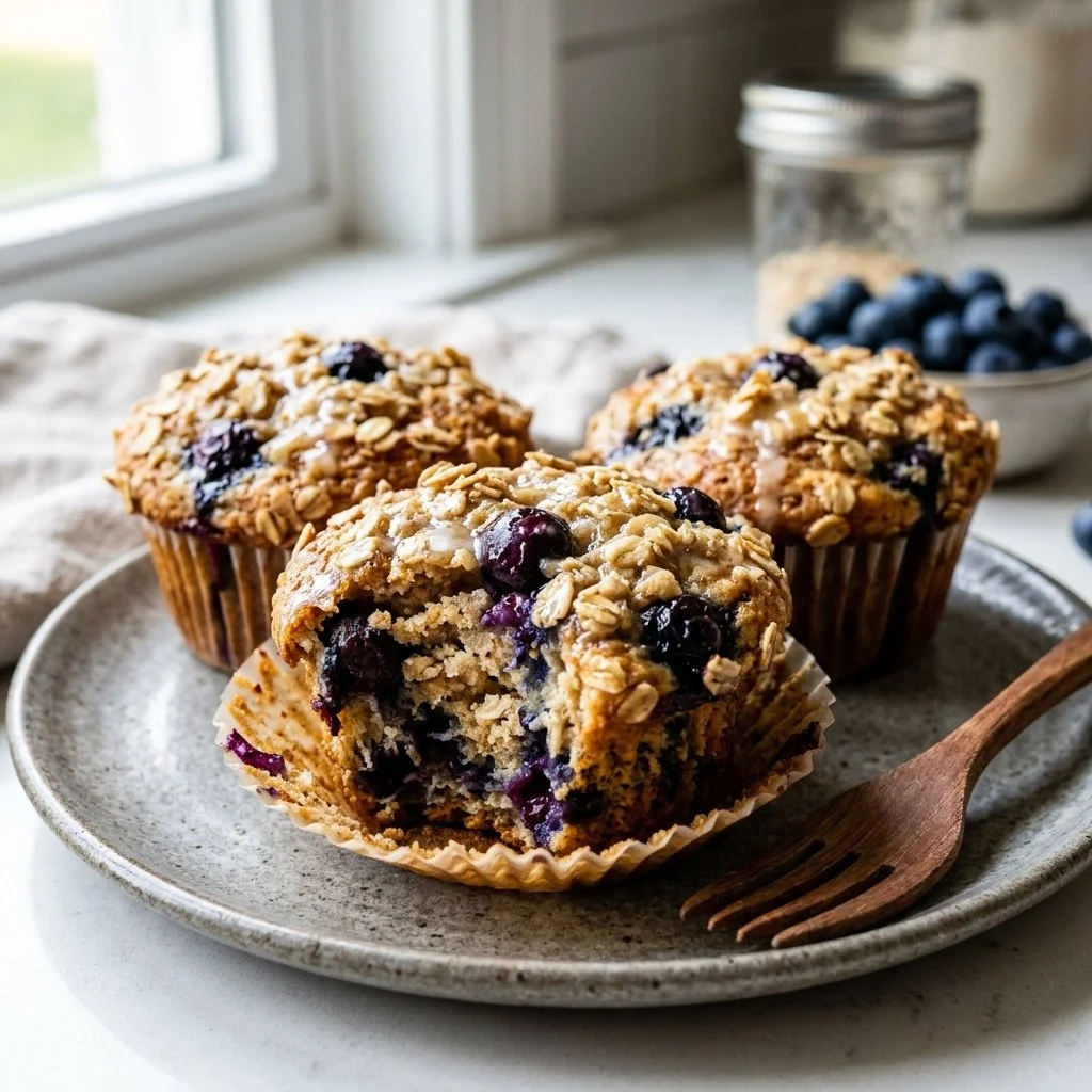 Freshly baked blueberry oatmeal muffins on a wooden table