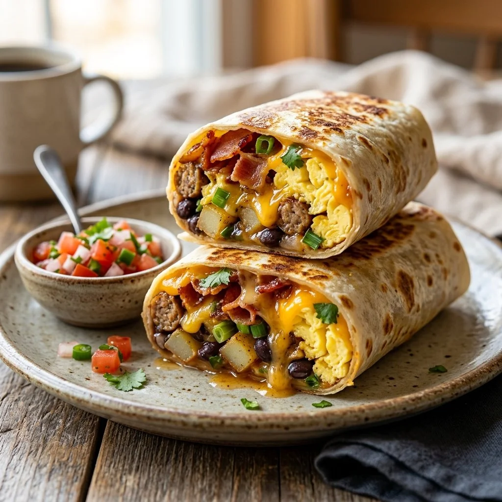 Delicious Breakfast Burrito filled with eggs, cheese, and veggies