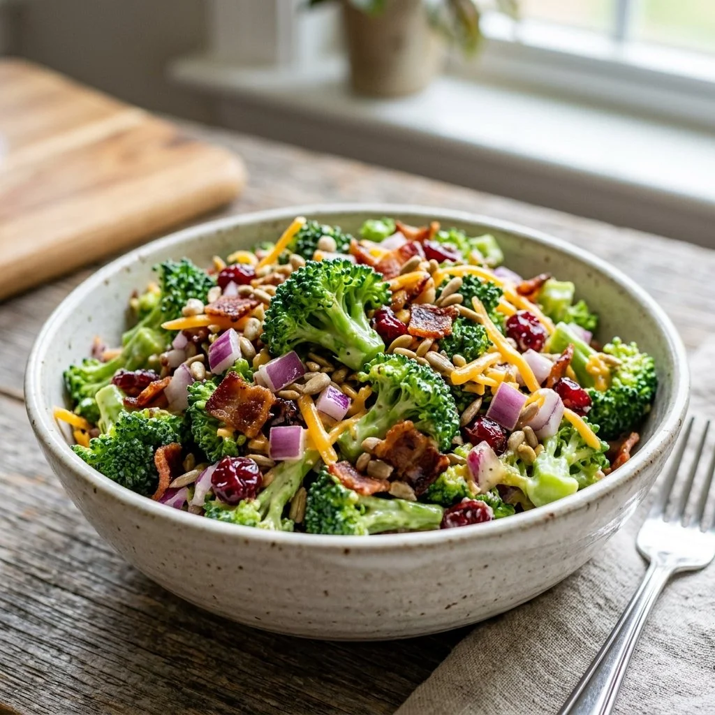 Fresh broccoli salad with colorful vegetables and dressing