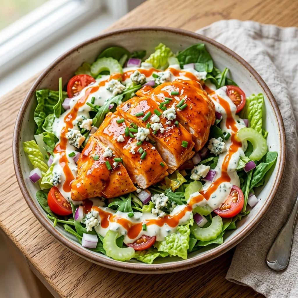 Buffalo Chicken Salad with fresh greens and spicy buffalo sauce