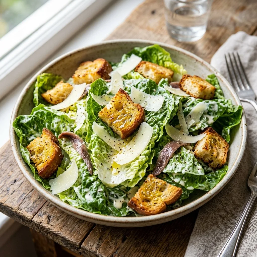 A fresh Caesar Salad with romaine lettuce, croutons, and Parmesan cheese on a plate.