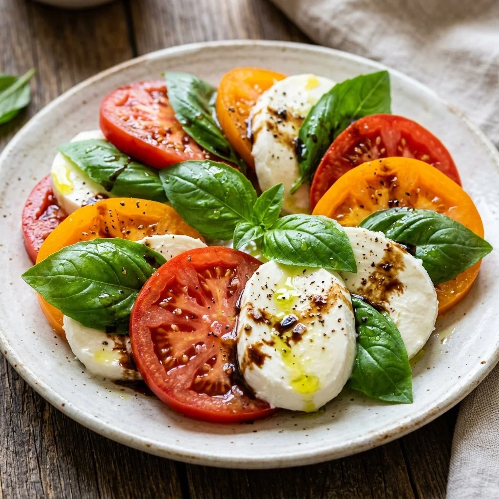 Fresh Caprese Salad with tomatoes, mozzarella, and basil on a plate