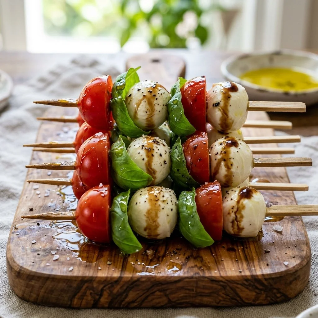 Delicious Caprese Skewers with mozzarella, cherry tomatoes, and fresh basil