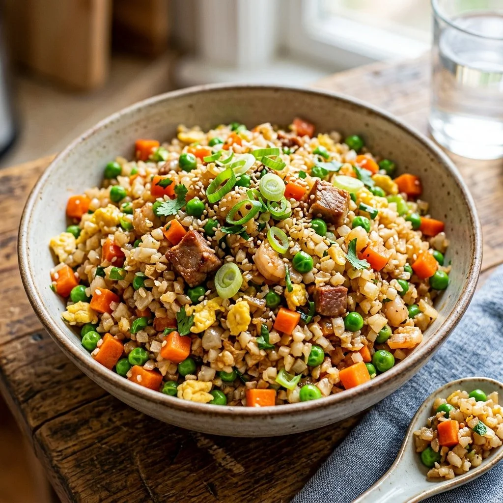 Plate of cauliflower fried rice with vegetables and herbs