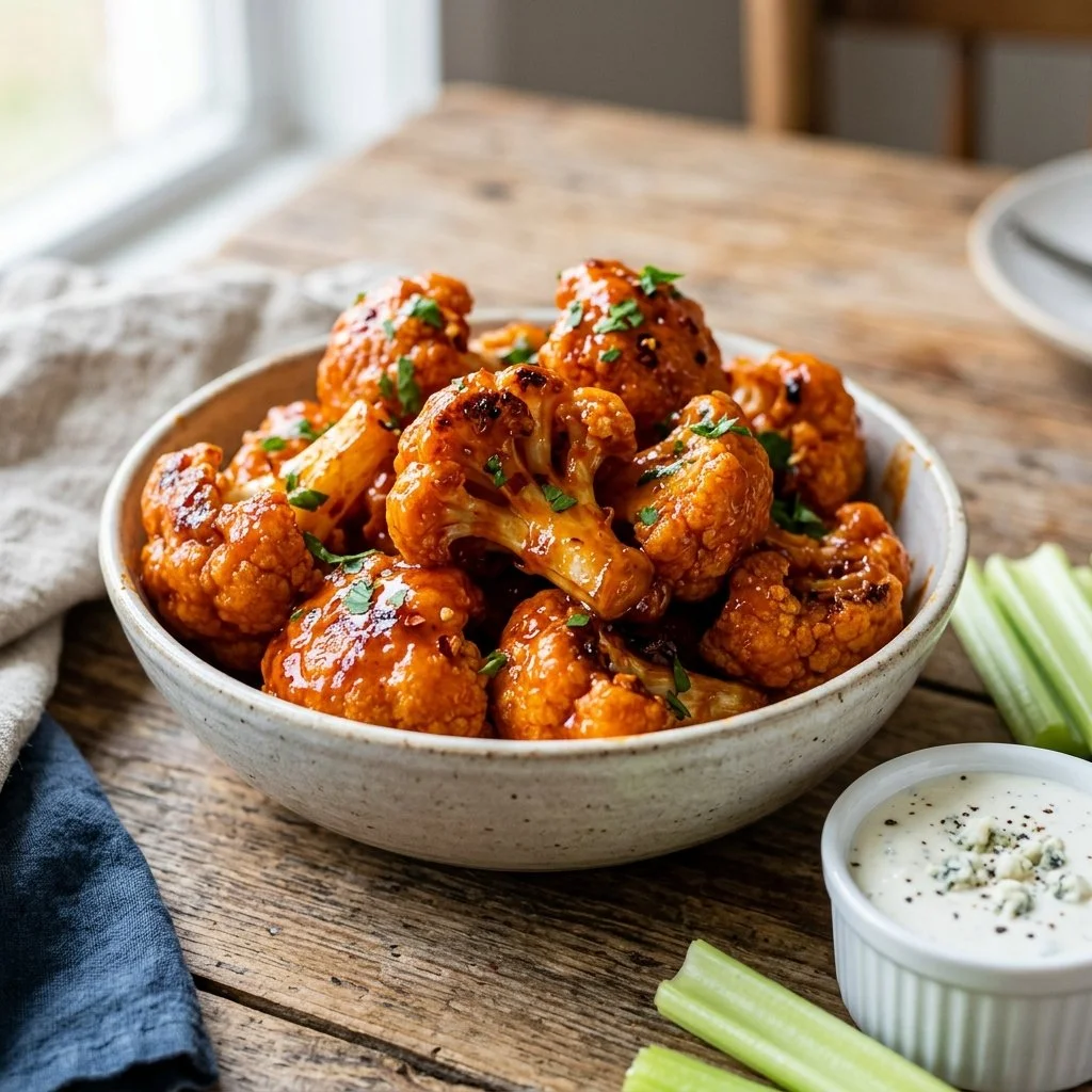 Crispy cauliflower wings served with dipping sauce on a plate