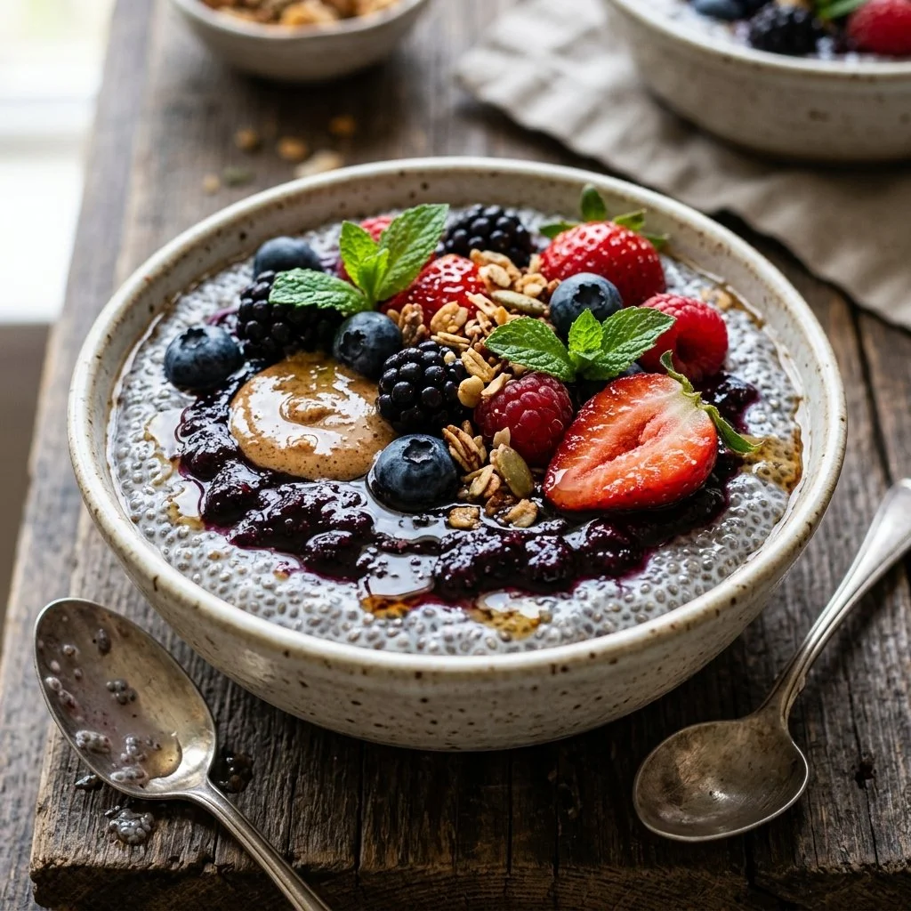 Delicious chia seed pudding topped with fresh fruits and nuts