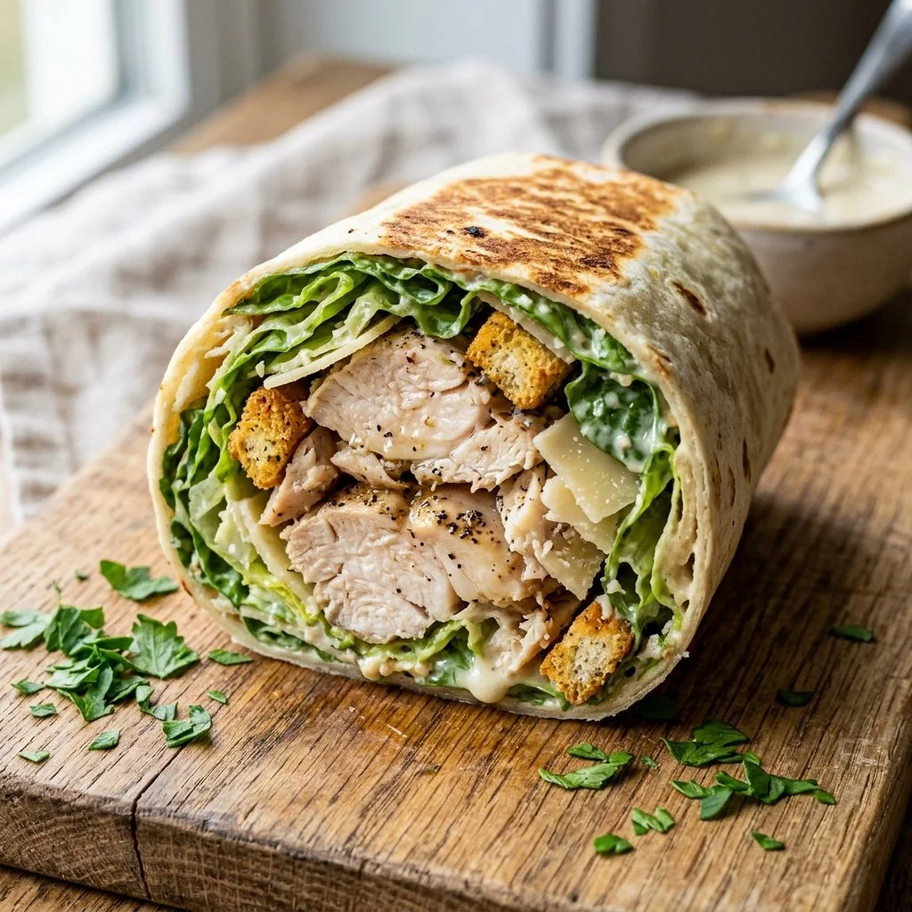 Delicious Chicken Caesar Wrap filled with grilled chicken, romaine, and Caesar dressing
