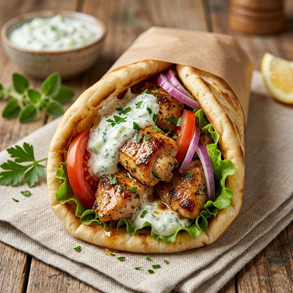 Delicious Chicken Gyros served with fresh vegetables and sauce