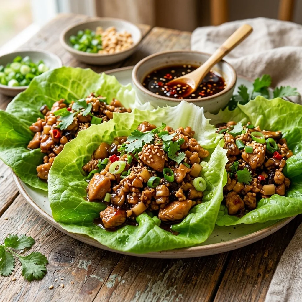 Delicious chicken lettuce wraps served on a plate with fresh vegetables