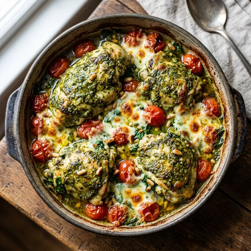 Baked Chicken Pesto topped with cheese and fresh basil in a baking dish