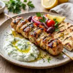 Grilled Chicken Souvlaki served with fresh vegetables and tzatziki sauce