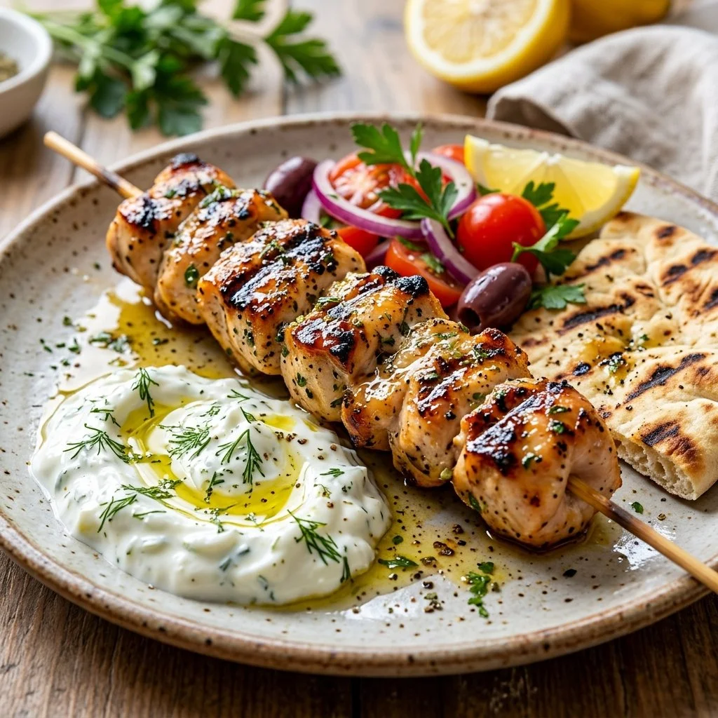 Grilled Chicken Souvlaki served with fresh vegetables and tzatziki sauce