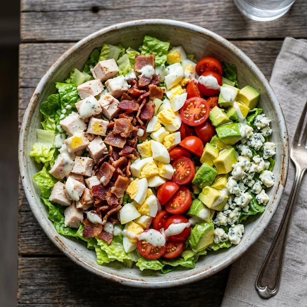 Delicious Cobb Salad with greens, chicken, bacon, eggs, avocado, and dressing