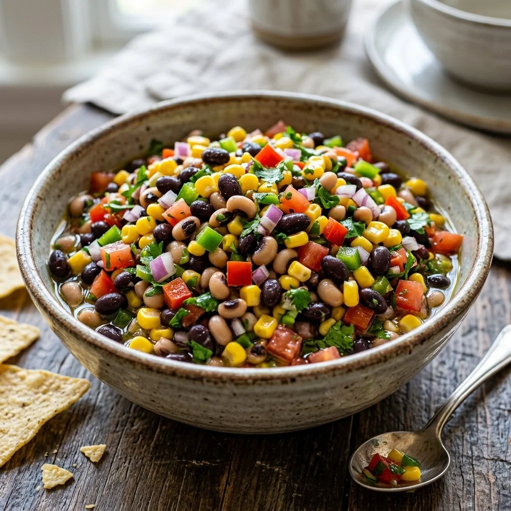 A colorful bowl of cowboy caviar dip with fresh vegetables and beans