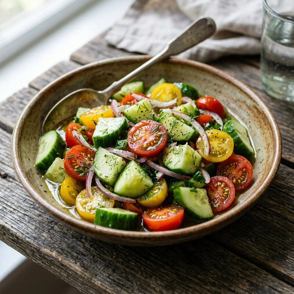 Fresh cucumber tomato salad with herbs and dressing in a bowl