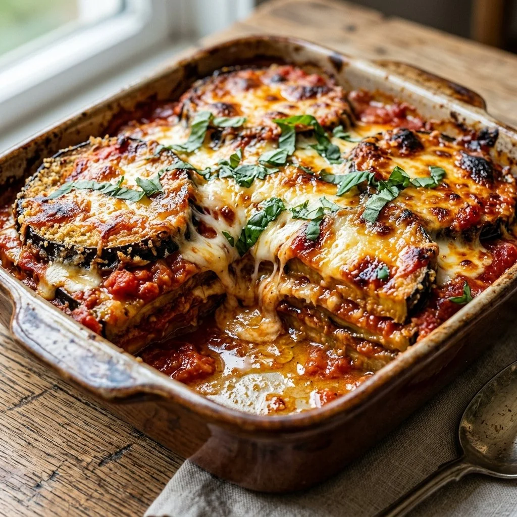 Deliciously baked Eggplant Parmesan topped with melted cheese and fresh herbs