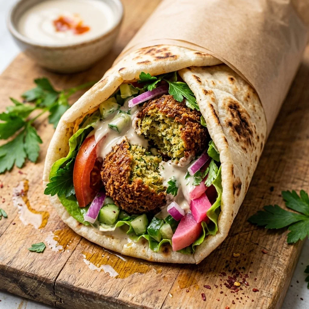 Delicious falafel wrap filled with fresh vegetables and sauces
